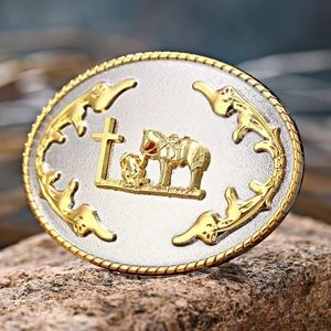 Man of faith kneeling at cross with horse